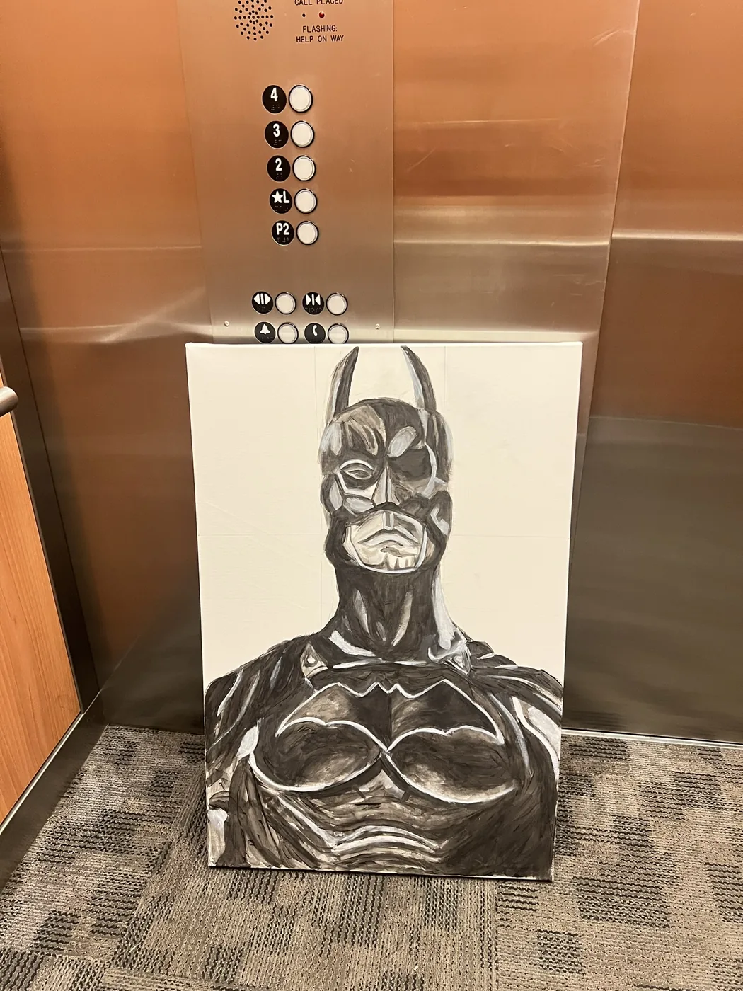 Black and white acrylic portrait of Batman on canvas